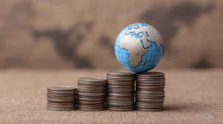 This stock photo illustrates the concept of financial growth, featuring a globe balanced on a tower of coins. It suggests investment opportunities and economic development.の素材