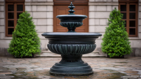 This captivating image features an elegant vintage fountain situated amidst lush greenery, enhancing the charm of an urban architectural backdrop.の素材