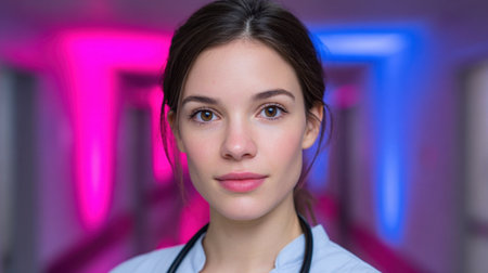 A young female medical professional poses confidently in a modern clinic with colorful neon lighting. She wears a stethoscope and reflects professionalism and care.の素材