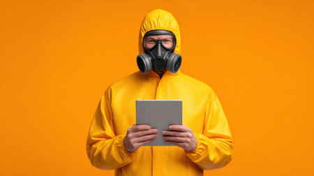 An individual wearing a yellow protective suit and a gas mask holds a tablet, symbolizing the importance of safety and technology in hazardous environments.の素材