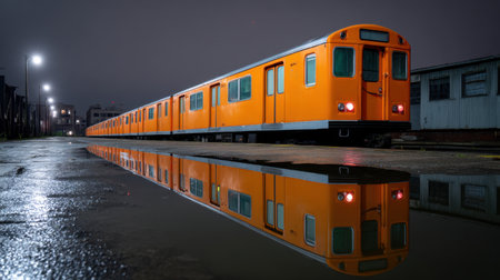An orange subway train stands still on a rain-soaked platform, creating a captivating reflection under street lights at night, showcasing urban beauty.の素材
