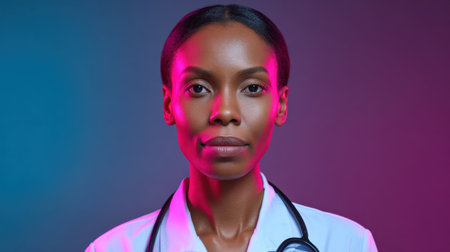 This portrait features a confident female doctor with a stethoscope against a vibrant colorful background, illustrating professionalism and dedication to healthcare.の素材