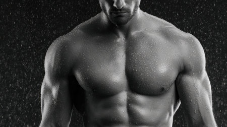A striking monochrome portrait of a muscular male figure showcasing strength and determination. Water droplets glisten on his skin, enhancing the dramatic effect.の素材