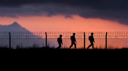 A group of soldiers is silhouetted against a colorful twilight sky, walking along a barbed wire fence, symbolizing defense and perseverance in challenging times.の素材