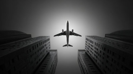 A dramatic black and white photograph featuring an airplane flying overhead, framed by towering skyscrapers and illuminated by bright light.の素材