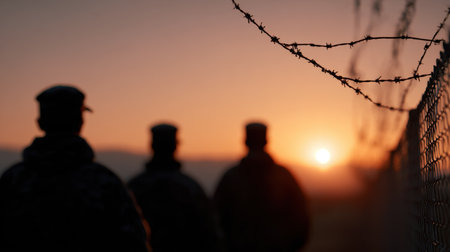 A group of soldiers stands silhouetted against a stunning sunset, framed by barbed wire fencing, symbolizing the complexities of security and freedom.の素材