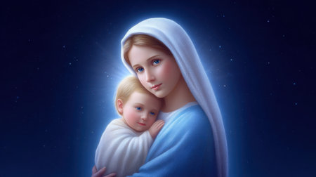 This enchanting image captures a tender moment between a mother and her infant, highlighting love and connection against a serene night backdrop filled with stars.の素材