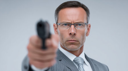 A serious businessman holds a gun aimed directly at the camera, showcasing a determined expression. The professional attire and neutral background emphasize the tension in the scene.の素材