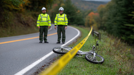 Two law enforcement officers investigate a bicycle accident along a winding rural road surrounded by autumn foliage and warning tape, highlighting safety concerns.の素材