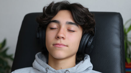 A young boy sits comfortably in a chair, wearing headphones with closed eyes, embodying relaxation and peace while enjoying his music in a cozy home setting.の素材