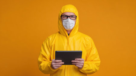 A person wearing a yellow hazard suit and face mask holds a tablet against a vibrant yellow background, symbolizing health and safety in various environments.の素材