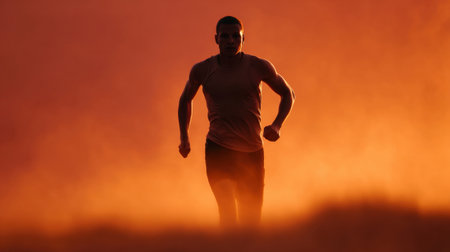 A captivating silhouette of a male athlete running against a stunning backdrop of warm sunrise colors and dust, emphasizing vitality and determination.の素材