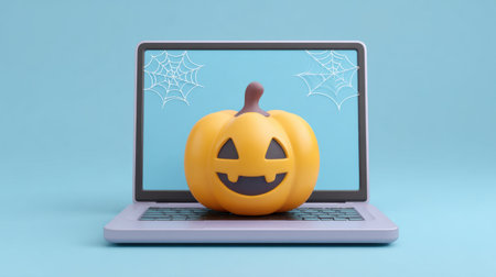 This delightful image features a cute Halloween pumpkin sitting on a laptop with spider webs in a bright blue background, perfect for festive digital themes.の素材