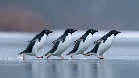 A captivating image of four penguins trekking across a frozen landscape, showcasing their playful nature and the beauty of a cold Antarctic environment.の素材