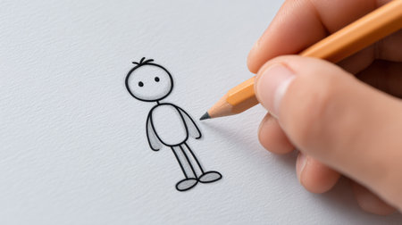 A close-up view of a hand sketching a simple character on a blank white paper using a pencil. The image captures the essence of creativity, playfulness, and artistic expression.の素材