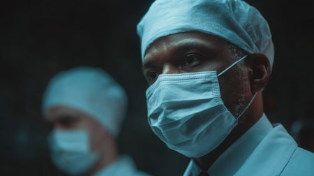 Two medical professionals in surgical attire display focused expressions while preparing for a procedure in a clinical setting, highlighting commitment to patient safety.の素材