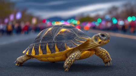 A detailed close-up of a turtle crossing a road, set against a vibrant blurred background. The turtle's unique shell and calm demeanor create a striking contrast in twilight lighting.の素材