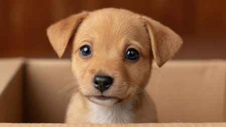 A charming young puppy peeks out from a cardboard box, showcasing its innocent expression and large eyes. The warm, soft lighting creates an inviting atmosphere.の素材