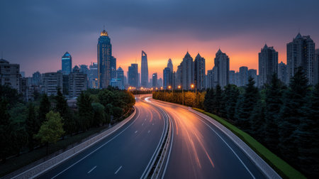 A stunning view of a city skyline illuminated by the warm hues of sunset, with a road in the foreground showcasing light trails from moving traffic.の素材