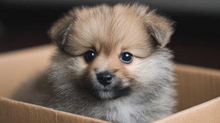 A charming Pomeranian puppy with fluffy fur and bright eyes sits inside a cardboard box, radiating cuteness and playfulness in a cozy indoor setting.の素材