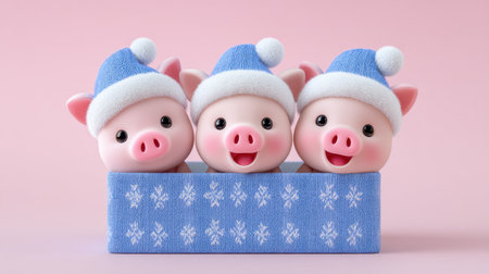 This charming image features three cute cartoon pigs wearing blue winter hats, peeking out from a cozy box. Set against a soft pink background, it captures the essence of holiday cheer and playful joy, making it a perfect visual for festive decorations and winter celebrations.の素材