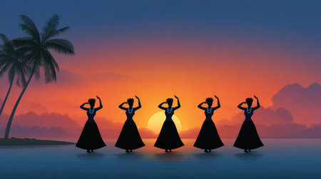 A breathtaking silhouette of dancers performing a traditional hula dance against a stunning sunset backdrop, surrounded by majestic palm trees.の素材