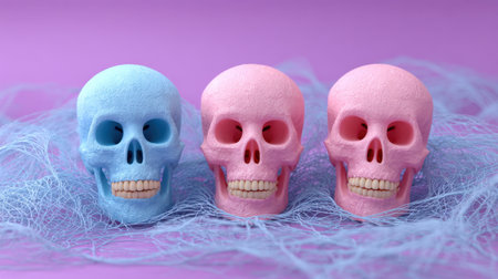 Three colorful skulls in blue, pink, and pastel shades rest on a soft web background, perfect for Halloween themes and playful decorations.の素材