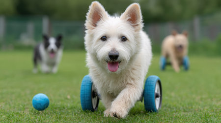A cheerful dog using a wheelchair runs joyfully on green grass, showcasing its spirit and resilience while other playful dogs chase a bright blue ball nearby.の素材