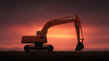 A striking silhouette of an excavator against a vibrant sunset sky, showcasing the beauty of heavy machinery juxtaposed with nature's colors during twilight.の素材