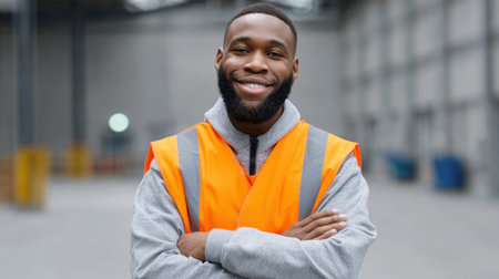A cheerful male worker is posed confidently in an industrial warehouse, wearing a bright orange safety vest, reflecting professionalism and teamwork spirit.の素材