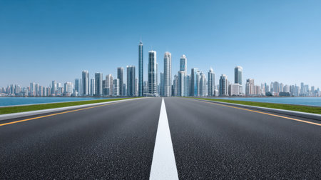 A captivating view of a modern city skyline featuring tall skyscrapers alongside a tranquil coastline and an empty road, perfect for travel concepts.の素材