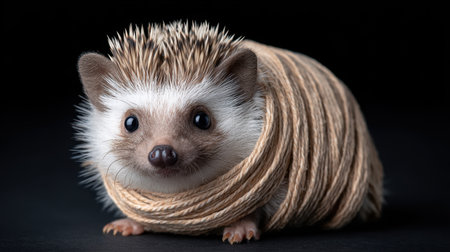 This charming image captures a hedgehog wrapped in natural twine, showcasing its cute face and spiny texture against a dark background. Perfect for pet lovers!の素材