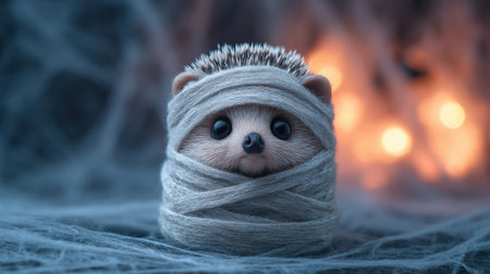 This charming image features an adorable hedgehog wrapped in soft yarn, perfect for adding a cozy Halloween touch to any decor. The warm, blurred background enhances the playful scene, making it a delightful addition to seasonal imagery.の素材