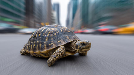 A tortoise slowly crosses a busy city street, surrounded by blurred traffic, capturing the contrast of wildlife in an urban setting.の素材