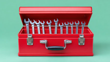 This image showcases a bright red toolbox opened to reveal a set of gleaming metal wrenches. Perfect for home improvement, DIY projects, or professional use.の素材