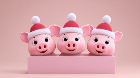This charming image features three cute cartoon pig heads wearing Santa hats, set against a soft pink background, perfect for festive designs.の素材