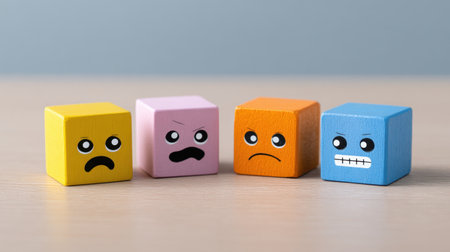 Four colorful wooden cubes with different facial expressions symbolize emotions like happiness, sadness, anger, and surprise, ideal for educational or decorative use.の素材