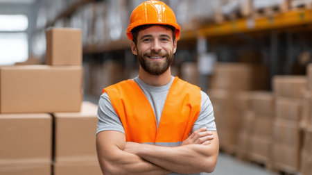 Cheerful male warehouse worker wearing an orange safety vest and helmet stands confidently among stacked cardboard boxes inside a bright facility.の素材