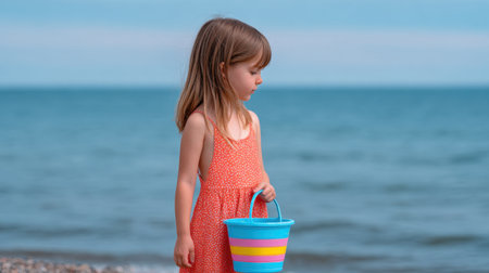 A young girl stands at the shore, holding a colorful bucket, gazing at the gentle waves. The scene captures the essence of childhood joy and outdoor exploration.の素材