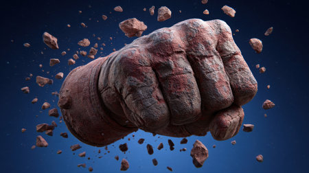 A striking image of a powerful fist emerging from rubble with an intense background, symbolizing strength, determination, and the essence of battle.の素材