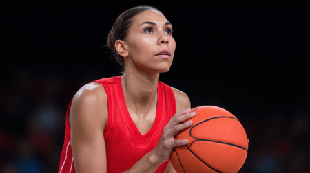A determined female basketball player prepares to take a shot, showcasing her focus and athleticism in a competitive environment. The atmosphere captures the intensity and passion of the game.の素材
