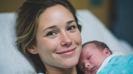 A joyful mother holds her newborn baby close in a hospital setting, showcasing a tender smile that reflects love and connection in their first moments together.の素材