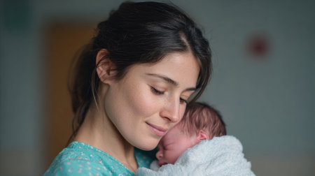 A heartwarming scene capturing a mother holding her newborn baby close in a hospital room. The soft lighting and emotional connection highlight the nurturing bond and joy of new beginnings.の素材