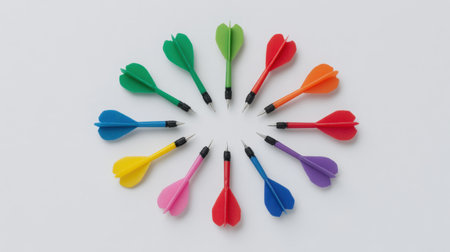 A vibrant display of colorful darts arranged in a circular pattern on a clean white background, ideal for themes related to games, strategy, and fun activities.の素材