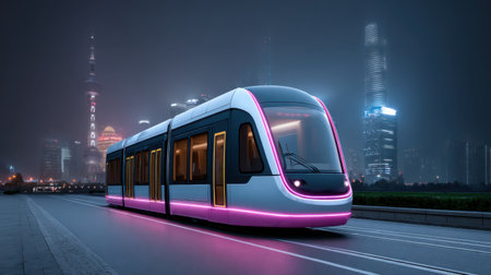 A futuristic light rail vehicle stands on a city street at night, surrounded by a vibrant urban skyline. The design features neon lights that create an inviting atmosphere, showcasing modern transportation amidst a dynamic city landscape.の素材