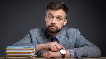 A thoughtful businessman in a suit gazes at the camera while checking his watch, conveying the pressures of time management and professional responsibilities.の素材