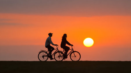 A beautiful silhouette of a couple riding bicycles against a stunning sunset. The vibrant orange sky creates a peaceful scene, capturing joy and freedom.の素材