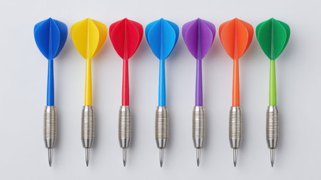 This image showcases vibrant darts featuring colorful tips paired with sleek metal shafts, perfect for illustrating fun and competitive games.の素材