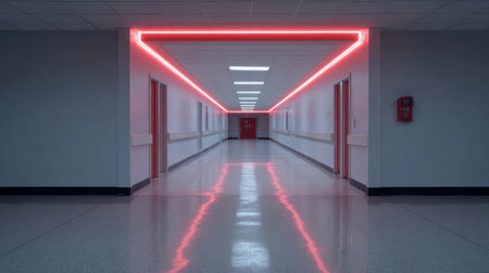 This image captures a modern and striking corridor featuring an illuminated ceiling with red neon lights. The empty hallway reflects a minimalist and contemporary design, creating an eerie yet intriguing atmosphere suitable for various creative projects.の素材