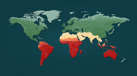A vibrant world map visually representing various climate zones using distinct colors for different regions and countries, ideal for educational and informational use.の素材